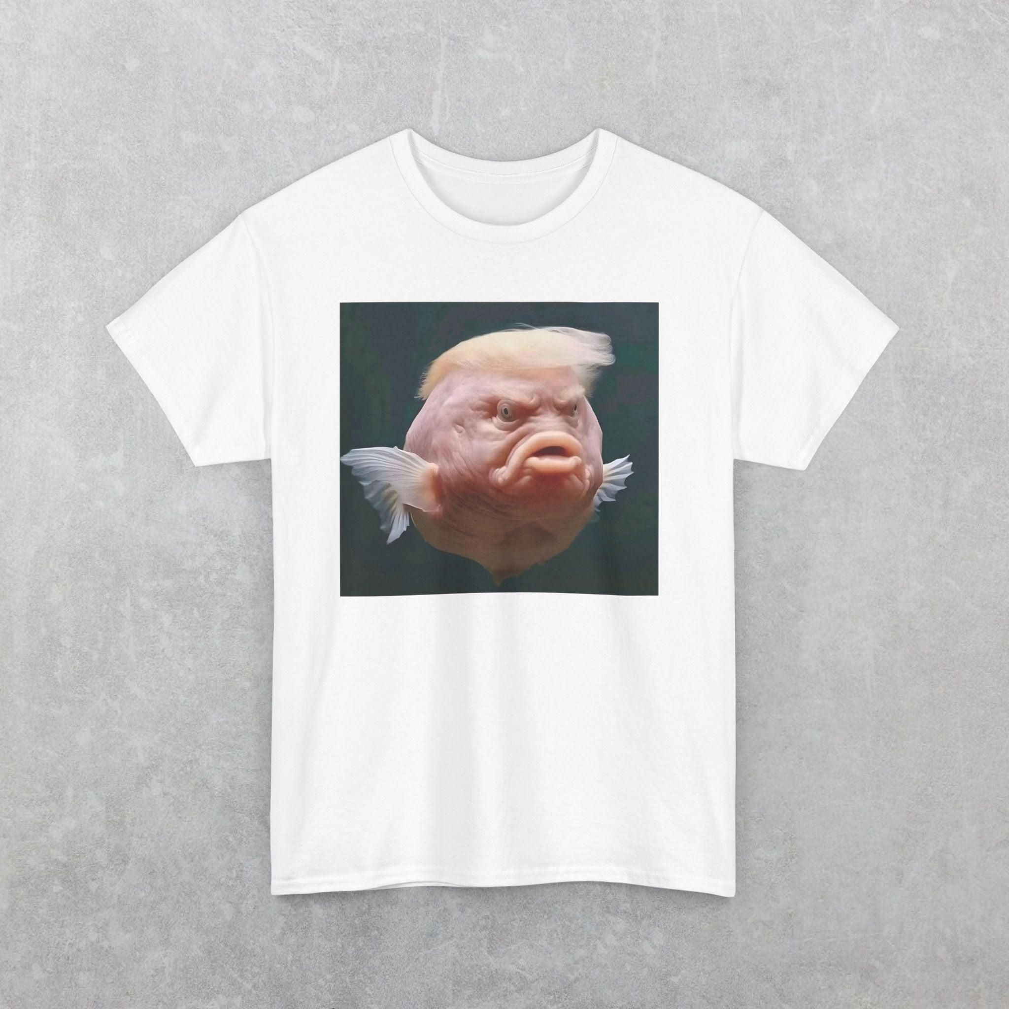 Funny Donald Trump Fish Parody Heavy Cotton Tee with Quirky Fish Design, Humor Shirt, Gift for Fish Lovers, Birthday Present, Graphic Tee